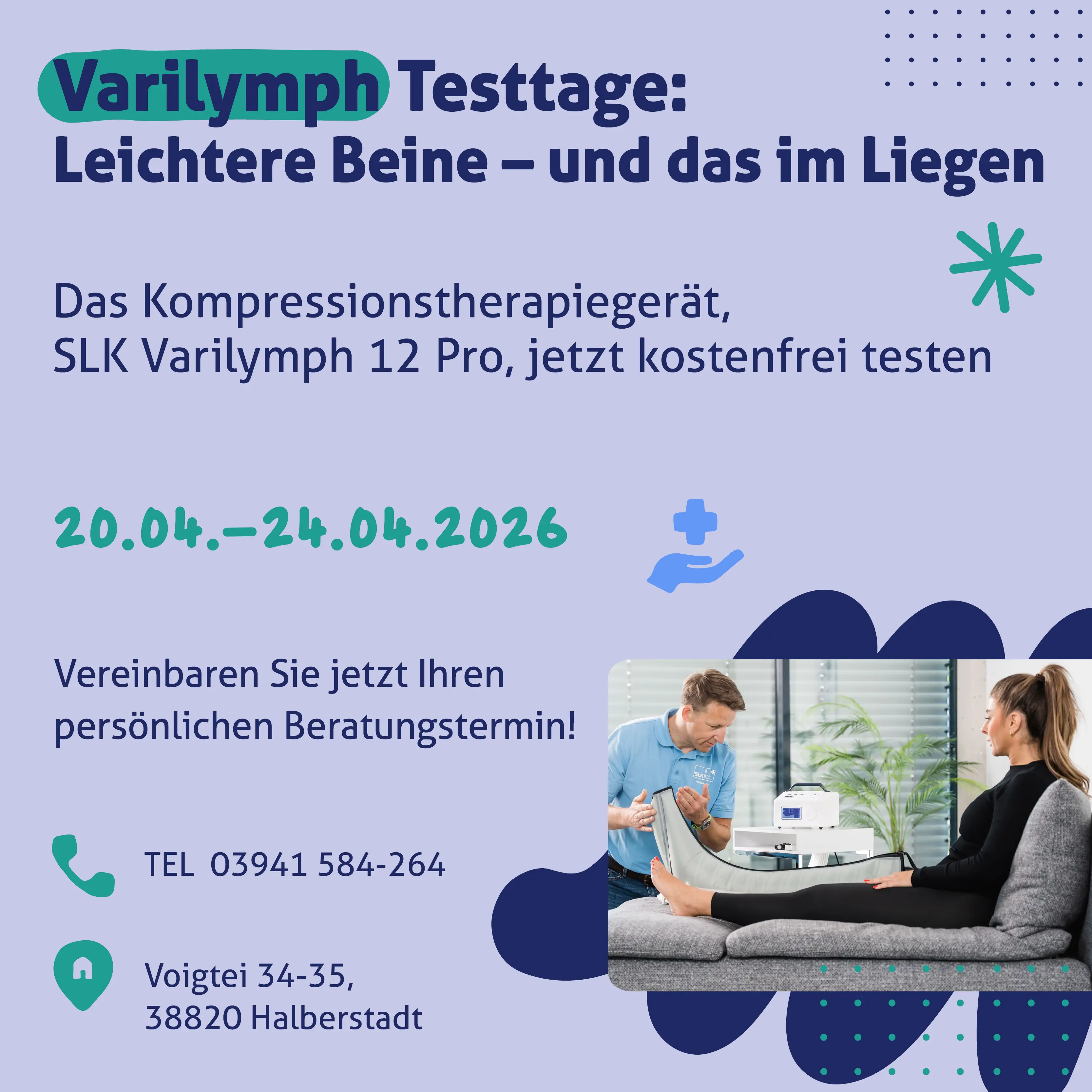 Lymphtesttage: Kompressionstherapiegerät kostenfrei testen vom 20.04-24.04.2026, telefonische Anmeldung unter 03941584264